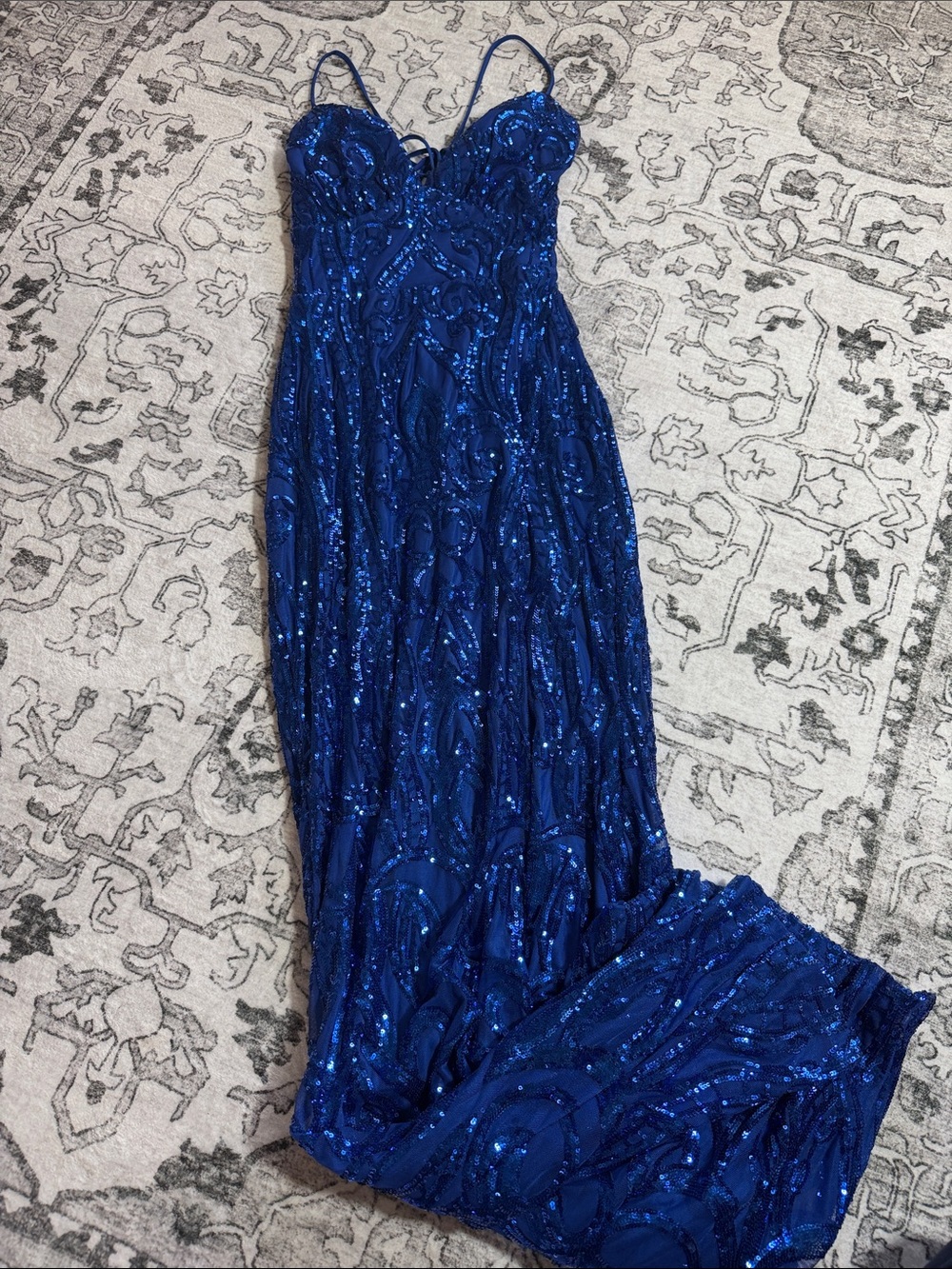 Royal Blue Sequin Spaghetti-Strap Evening Gown